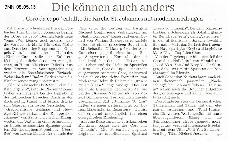 Konzertbericht mit Coro da Capo in Forbach