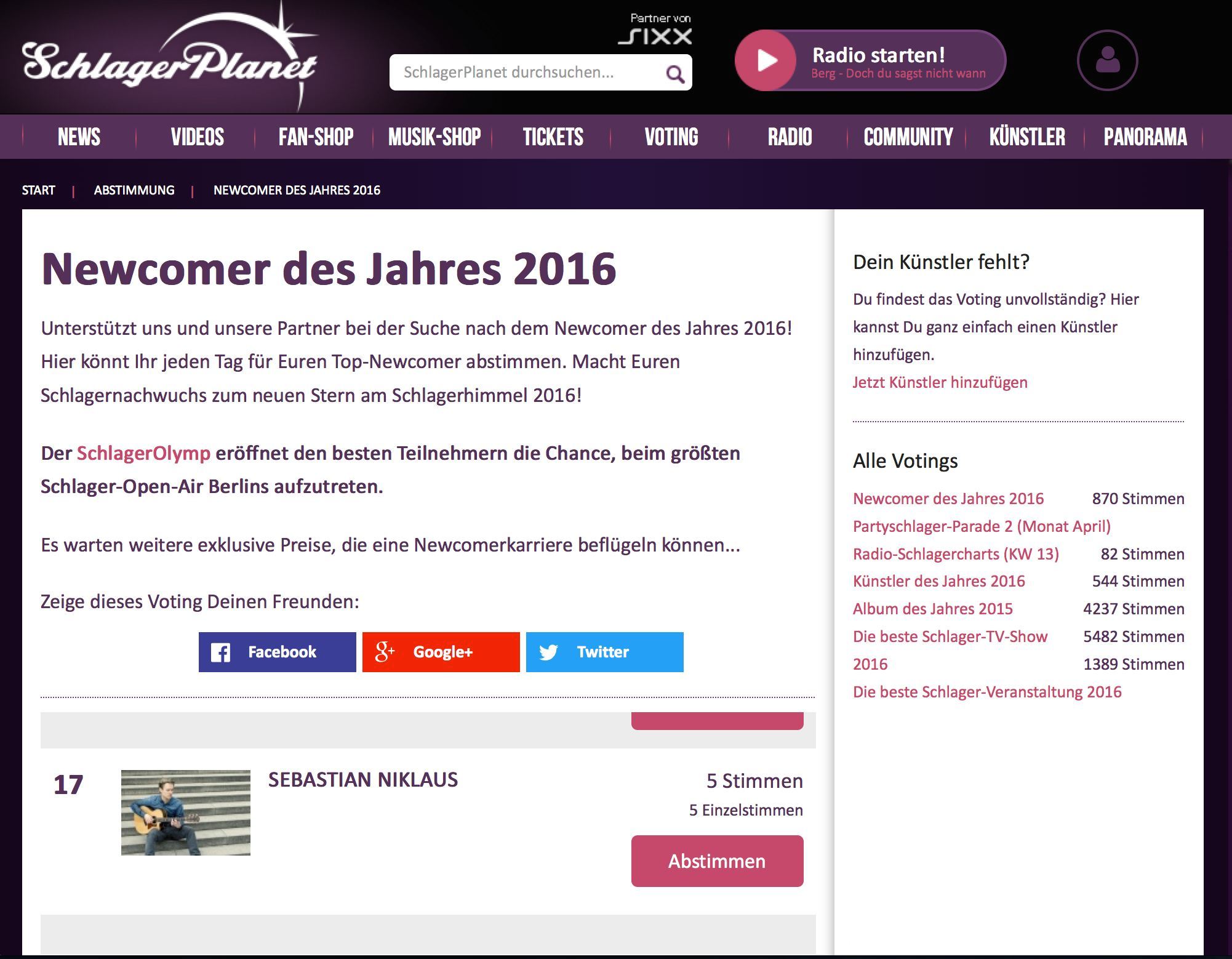Schlagerplanet Newcomer 2016 Voting