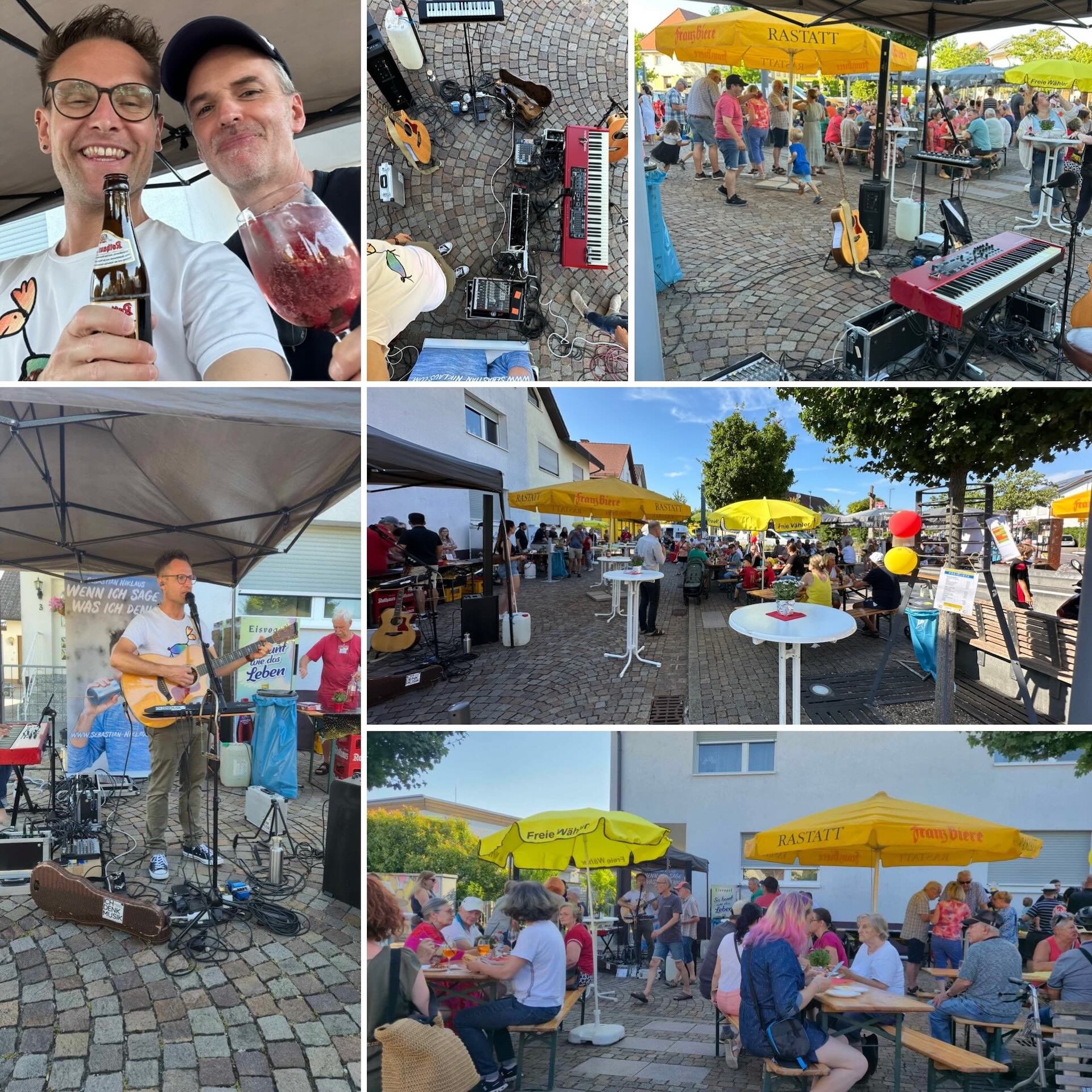 Blu Platz Bietigheim Konzert Zuhörende Publikum Sebastian Niklaus Norbert Stölzel Gitarre Ukulele Klavier Gesang Pavillion Biergarnituren