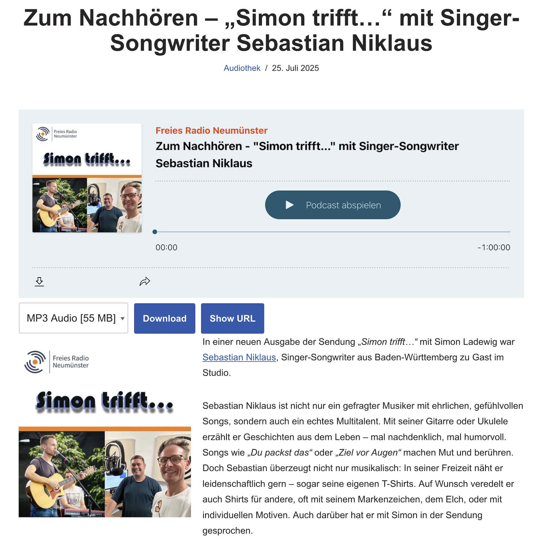 Screenshot der Webseite des Freien Radios Neumünster. Audiothek mit dem Interview und Studiobesuch von Sebastian Niklaus bei Simon Ladewig vom 25. Juli 2025