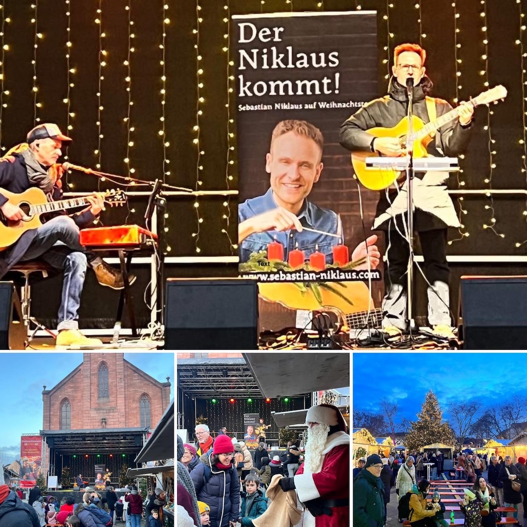 Weihnachtsmarkt Kehl, Bühne, Sebastian Niklaus, Norbert Stölzel, Gitarre, Ukulele und Piano, Auf dem Weihnachtsmarkt vor der Kirche, Marktplatz, 5.12.2025