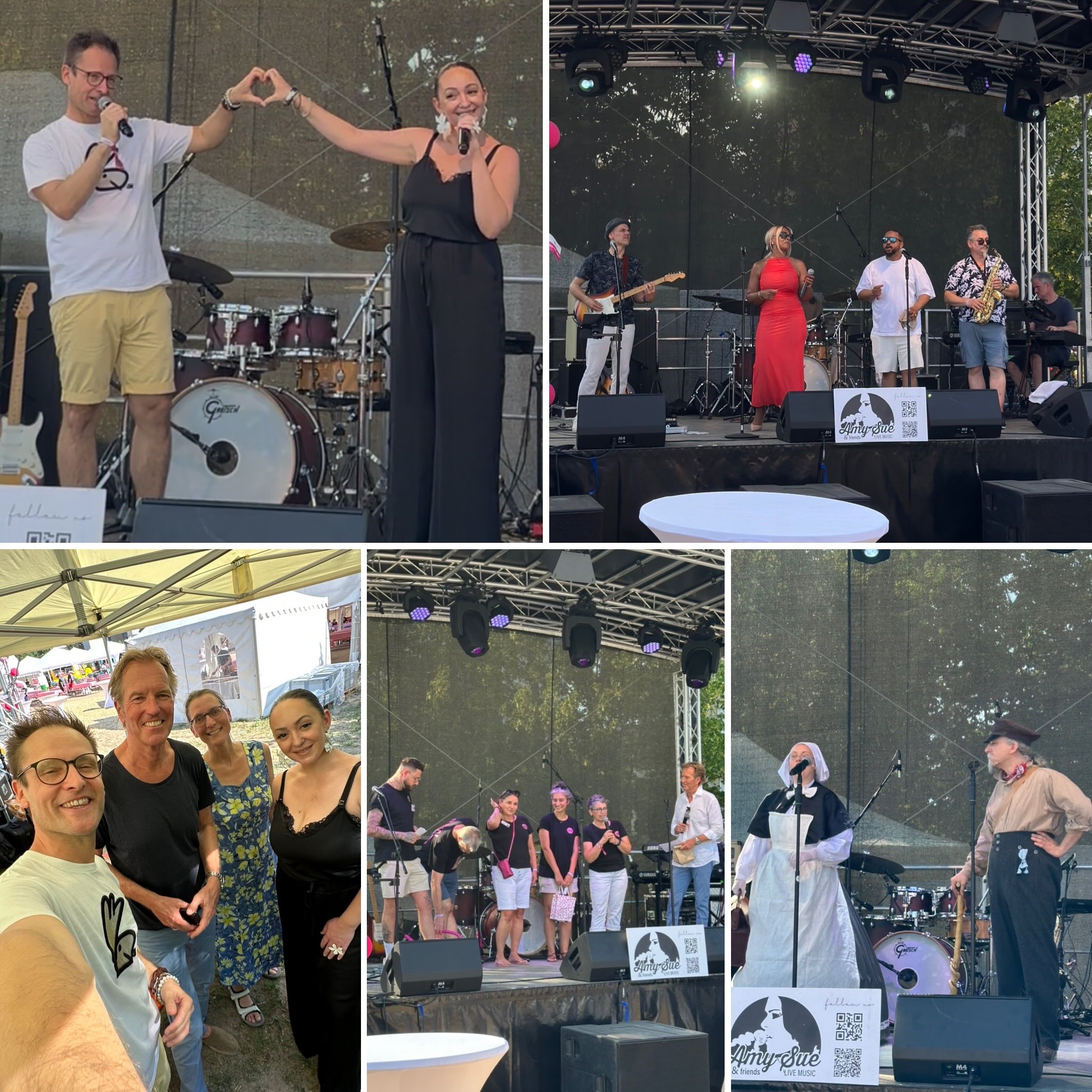 Foto Collage des ViDia Mitarbeitenden Fests. Sebastian Niklaus und Silvia Dias auf der Bühne. Amy Sue & Friends Band auf der Bühne. Gruppenfoto Sebastian Niklaus, Moderator Markus Brock, Co-Autorin Ilona Boraud und Silvia Dias, Team der ViDia Klinik auf der Bühne Interview mit Markus Brock, Historische Theatergruppe in Kostüm auf der Bühne