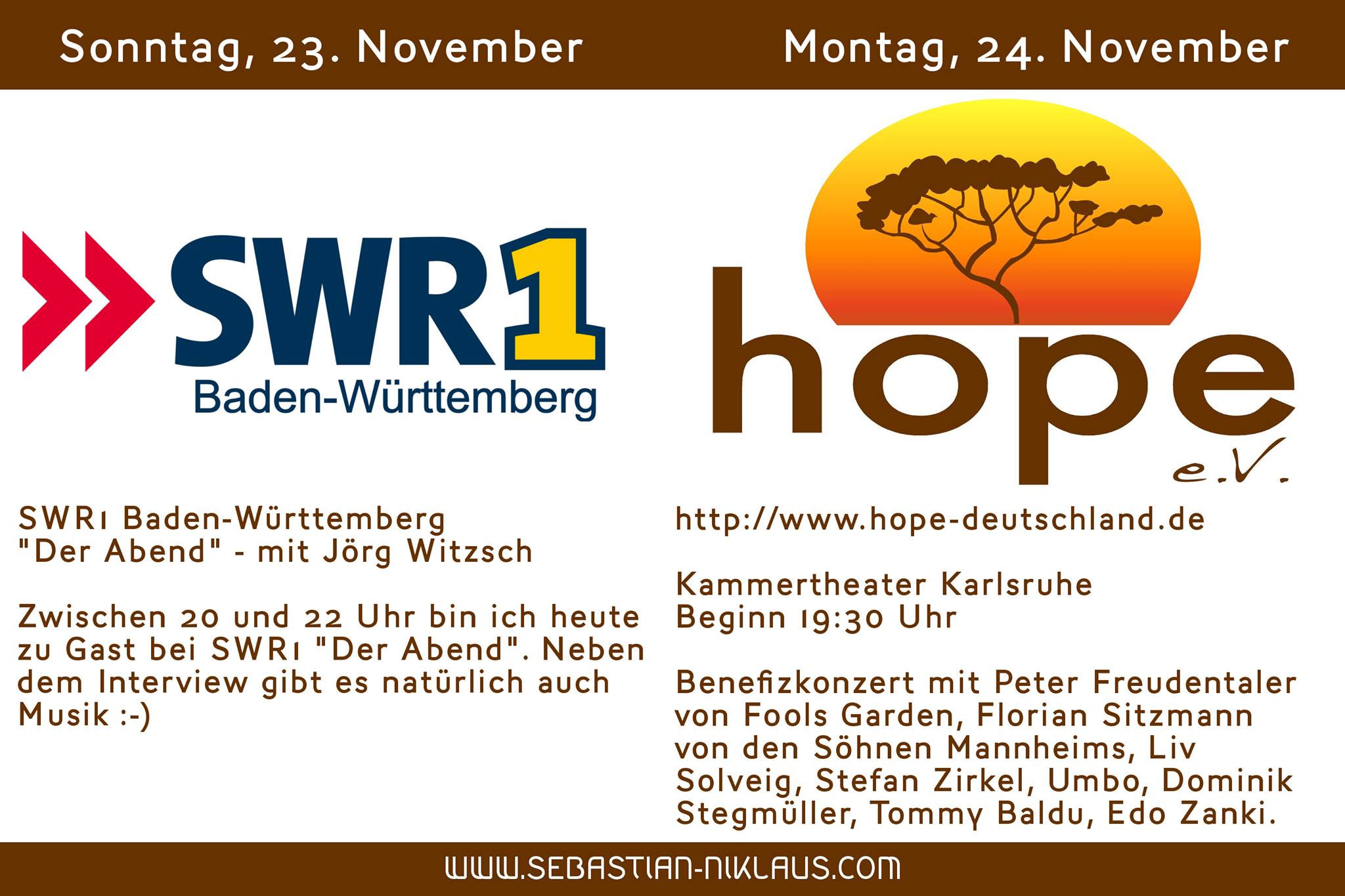 SWR1 Baden-Württemberg Der Abend mit Jörg Witzsch und Benefizkonzert für Hope e.V. im Kammertheater mit Edo Zanki, Peter Freudenthaler und weiteren!